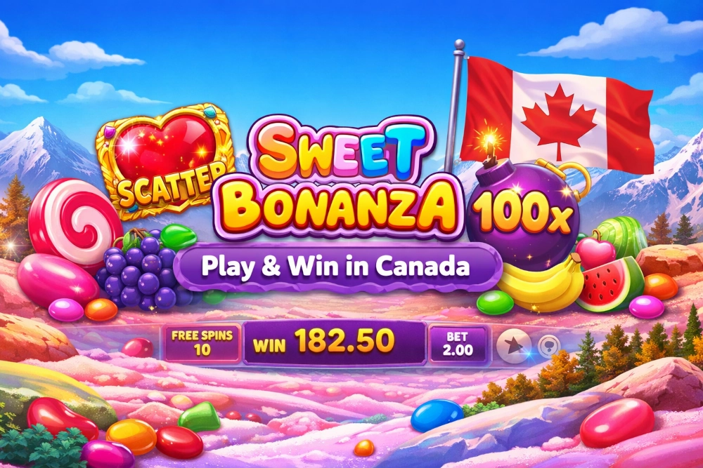 Sweet Bonanza Canada homepage hero with colourful candy-style slot visuals designed for Canadian players