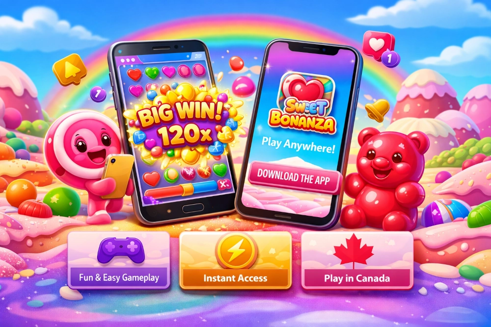Sweet Bonanza app concept shown on mobile devices with candy-themed visuals and mobile play elements for Canada