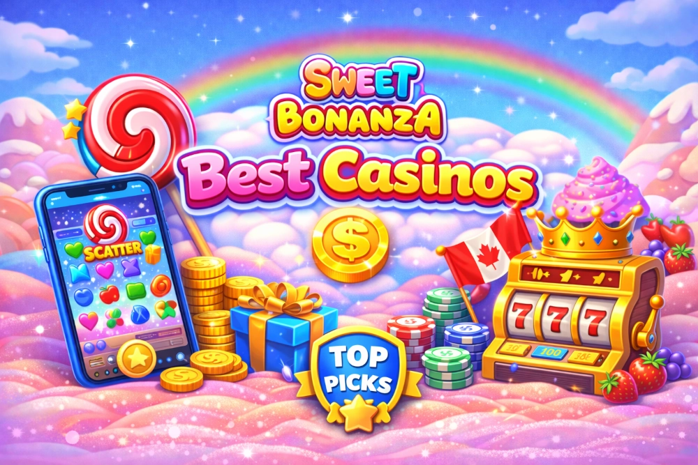 Best casinos for Sweet Bonanza in Canada with pastel candy visuals, mobile slot play, casino theme, and full-width hero artwork
