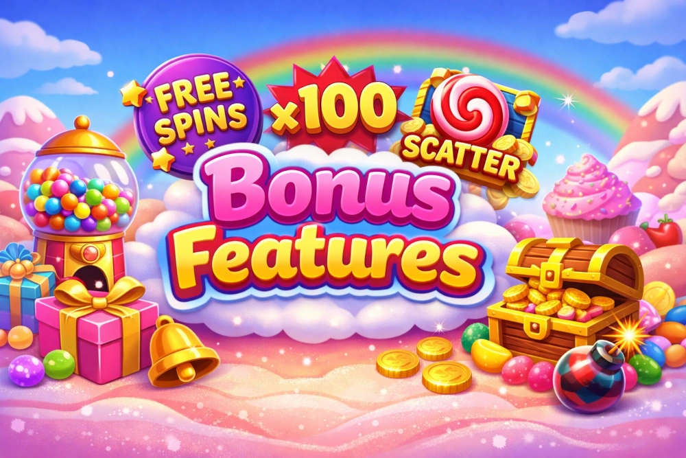 Sweet Bonanza bonus features with free spins, multipliers, candy symbols, and bright pastel slot visuals in a full-width hero image