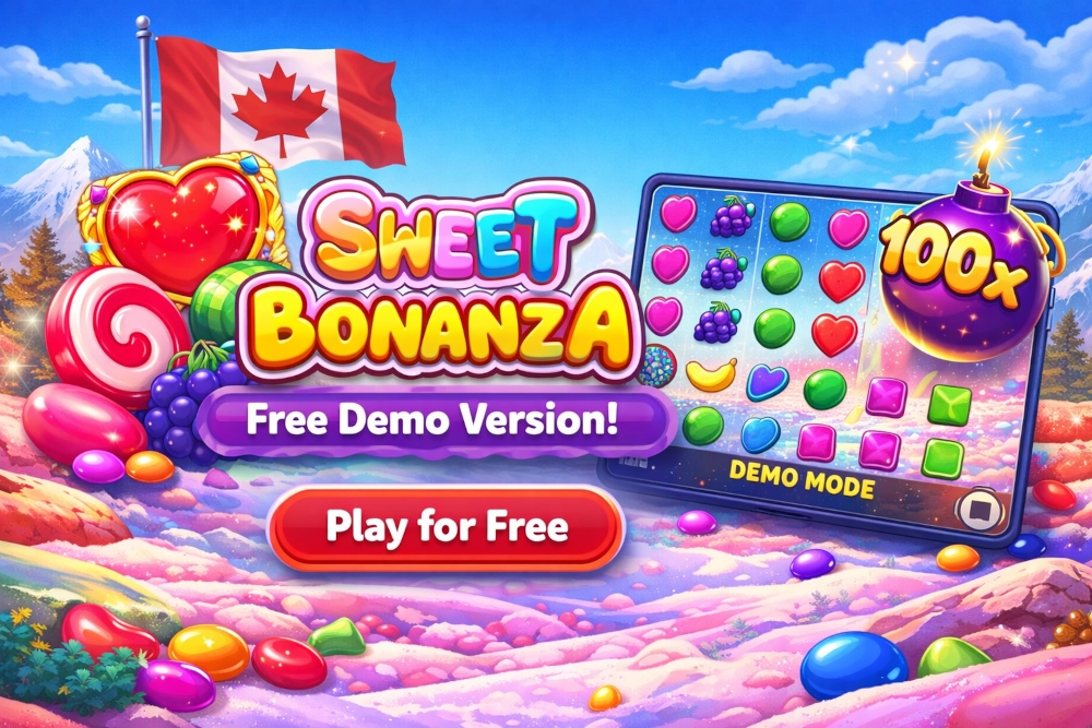 Sweet Bonanza demo page hero with colourful candy-style slot visuals for Canadian players