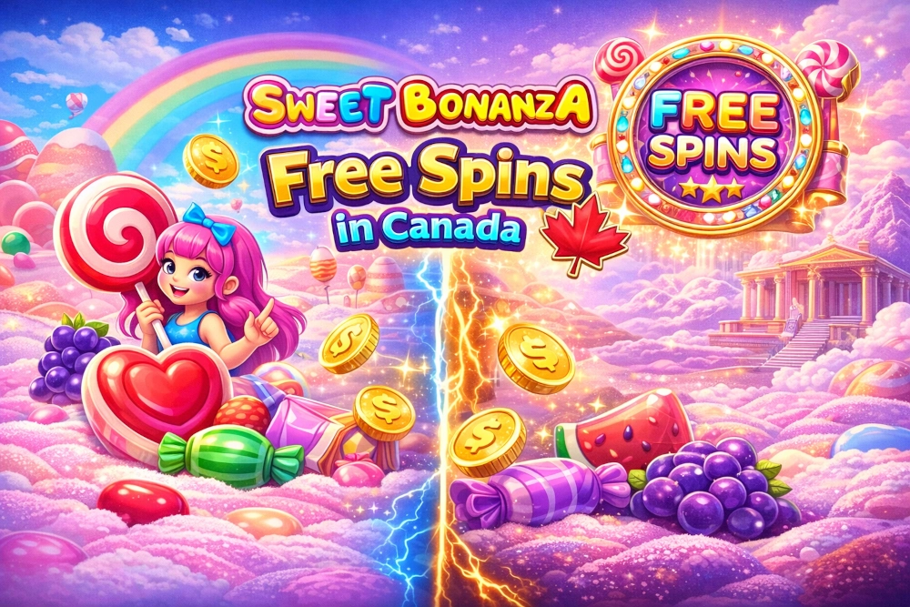 Sweet Bonanza free spins in Canada with candy-themed slot imagery, coins, and bonus symbols