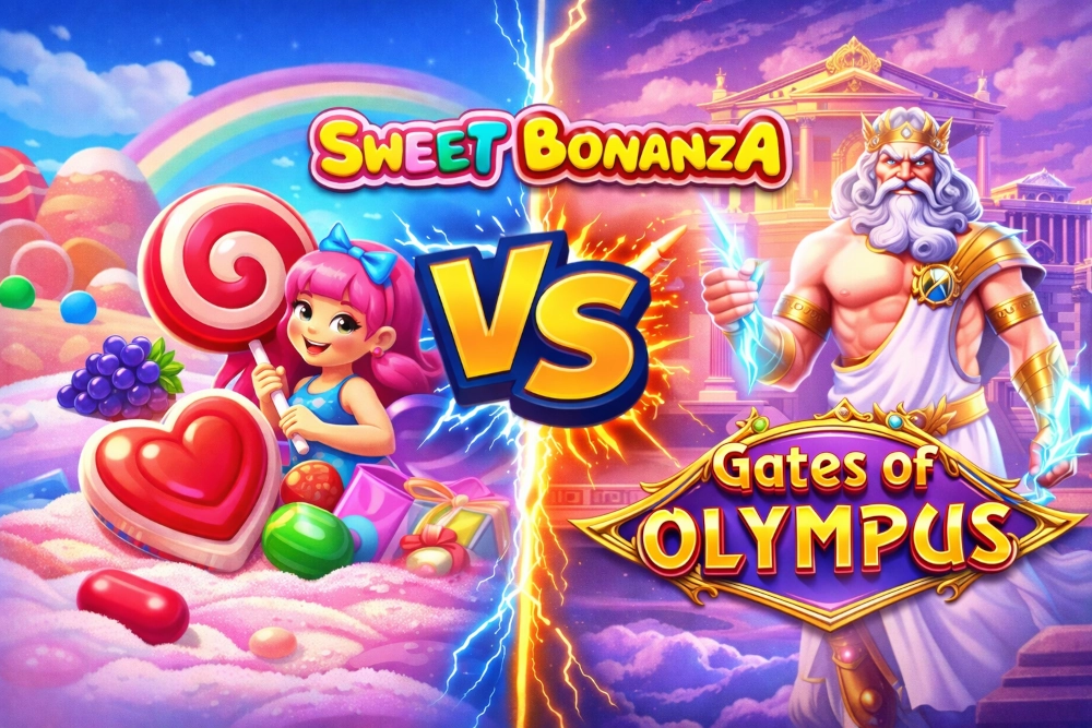 Sweet Bonanza vs Gates of Olympus comparison with candy-themed visuals on one side and Olympus-themed imagery on the other