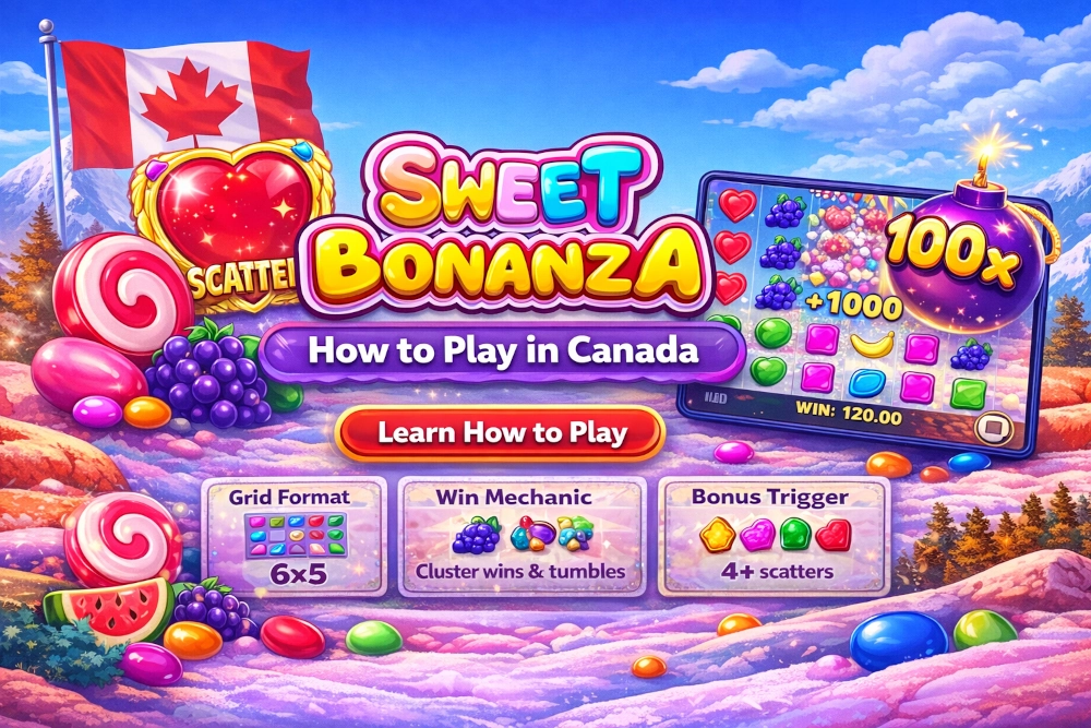 Sweet Bonanza how to play page hero with colourful candy-style slot visuals for Canadian players