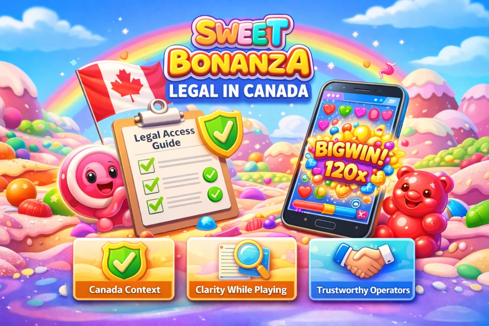 Sweet Bonanza legal guide visual with Canadian theme, document checklist, mobile play, and trust elements