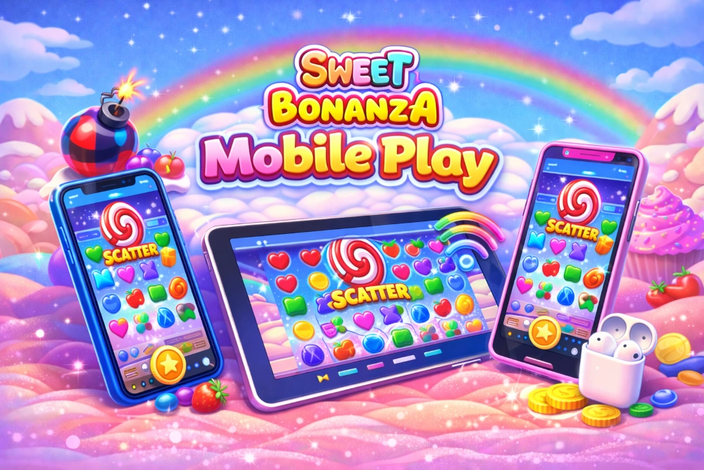 Sweet Bonanza mobile play hero image with smartphones, tablet gameplay, wireless connectivity, and pastel candy-style slot visuals