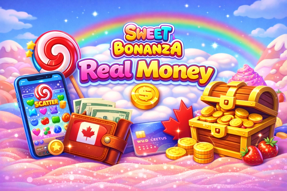 Sweet Bonanza real money hero image with mobile play, coins, wallet, payment theme, and pastel candy-style Canadian slot visuals