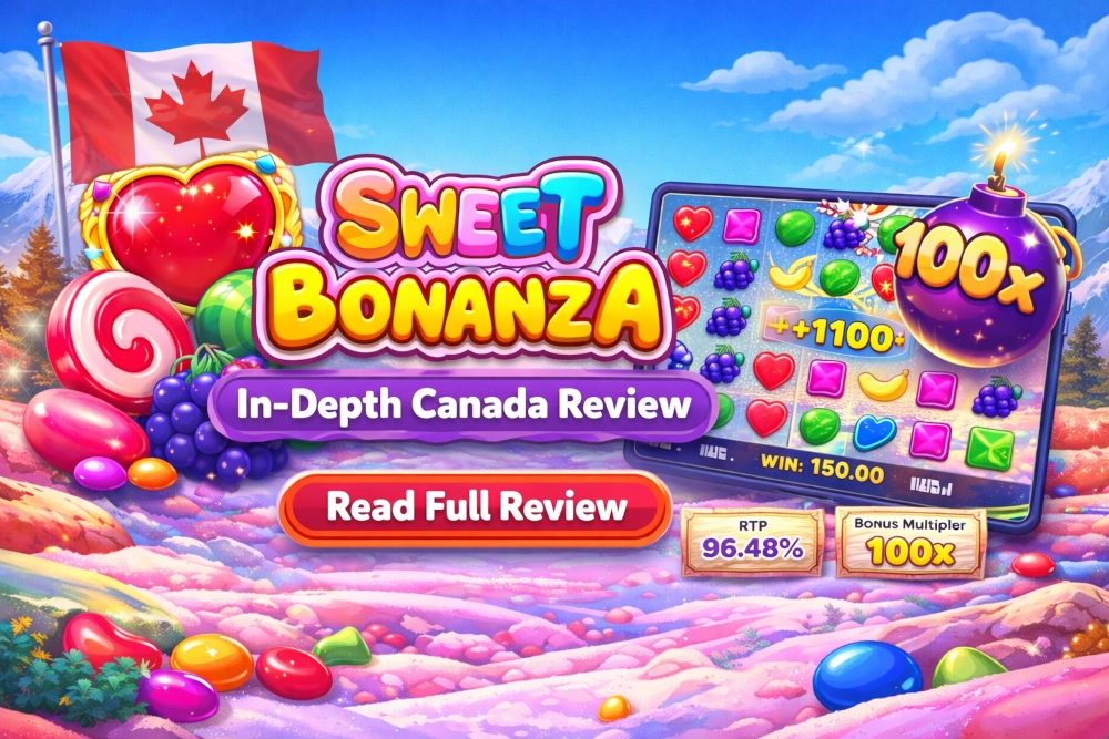 Sweet Bonanza review page hero with colourful candy-style slot visuals for Canadian players