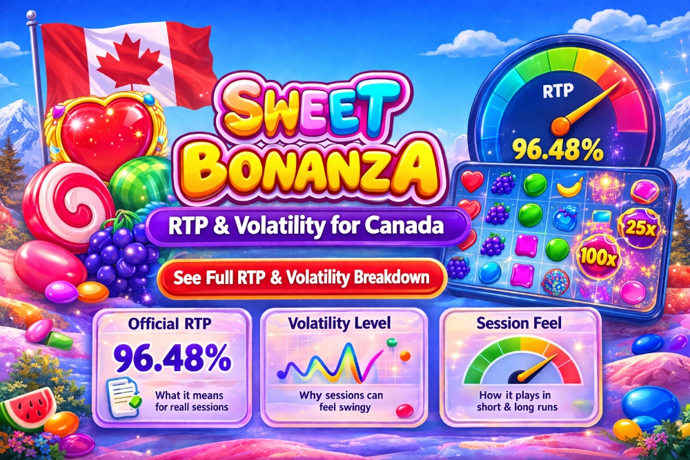 Sweet Bonanza RTP and volatility page hero with colourful candy-style slot visuals for Canadian players
