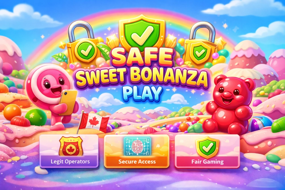 Sweet Bonanza safety guide visual with shield, lock, mobile play elements, and Canadian theme