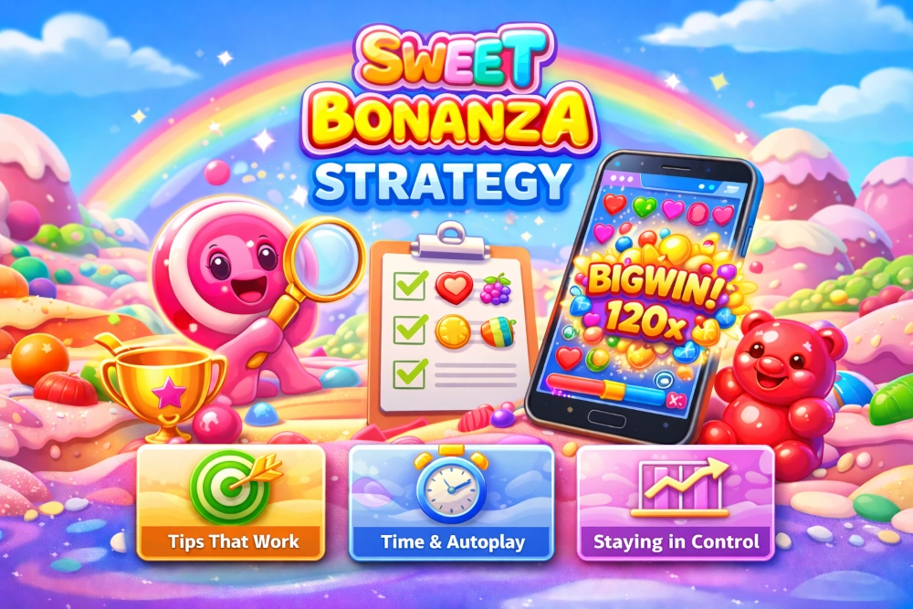 Sweet Bonanza strategy guide visual with mobile gameplay, planning elements, and candy-themed design for Canada