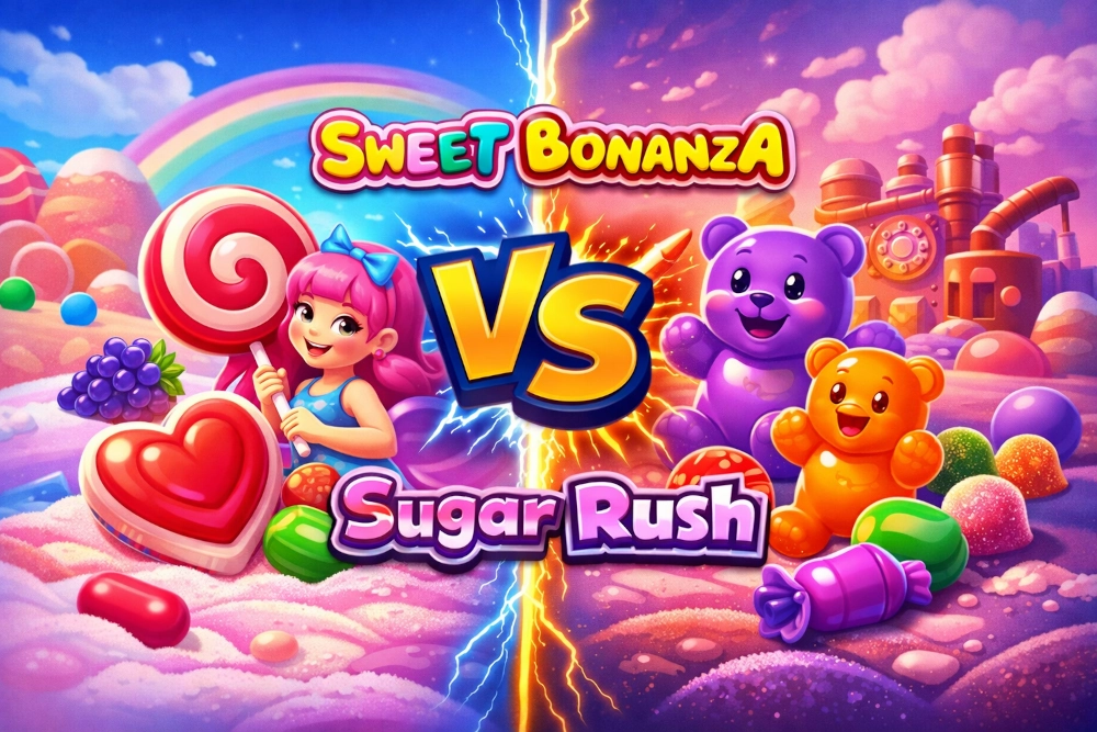 Sweet Bonanza vs Sugar Rush comparison with colourful candy-themed slot imagery and a versus layout