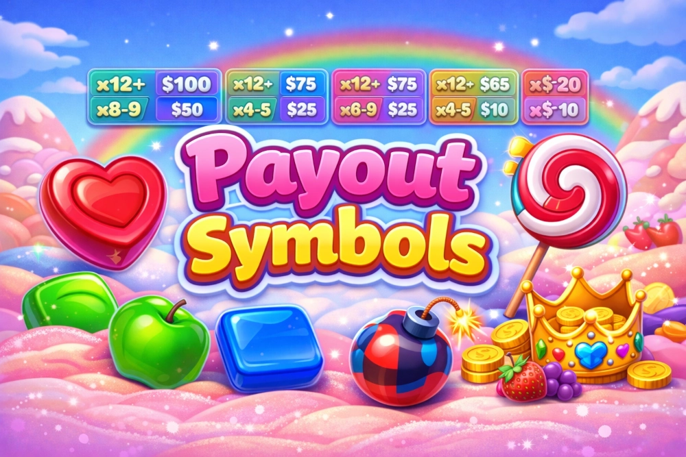 Sweet Bonanza payout symbols and candy-themed paytable style hero image with premium symbols, lollipop scatter, and pastel slot visuals