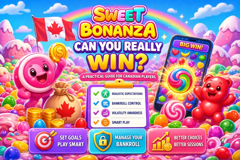 Sweet Bonanza winning guide visual with mobile gameplay, candy theme, and Canadian player angle